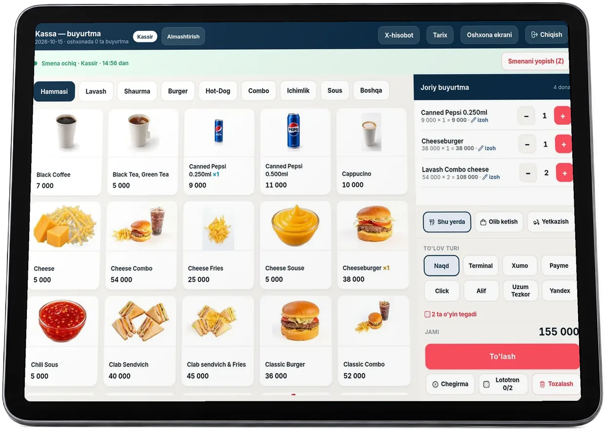 POS: menu, cart and payment methods