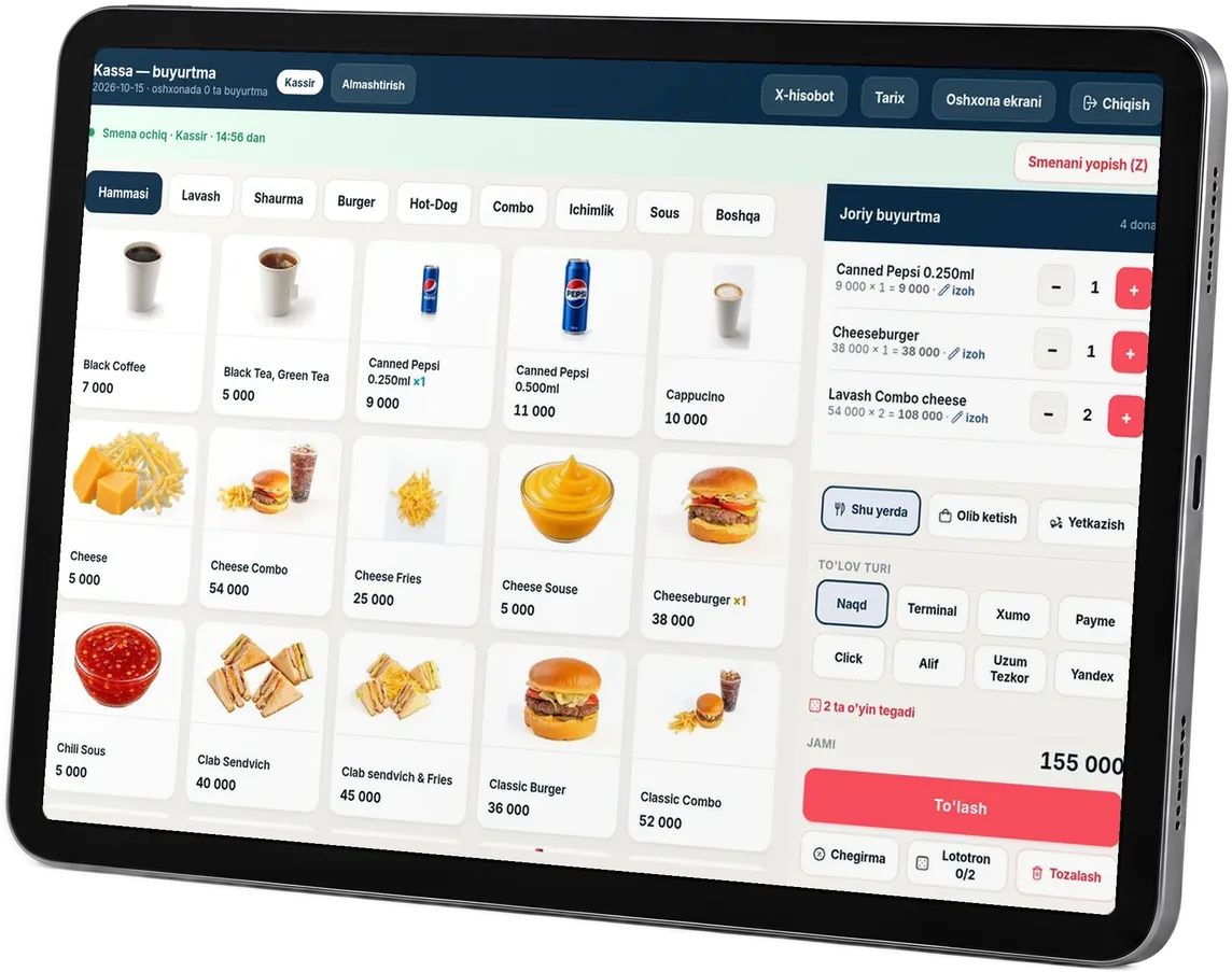 POS: menu, cart and payment methods