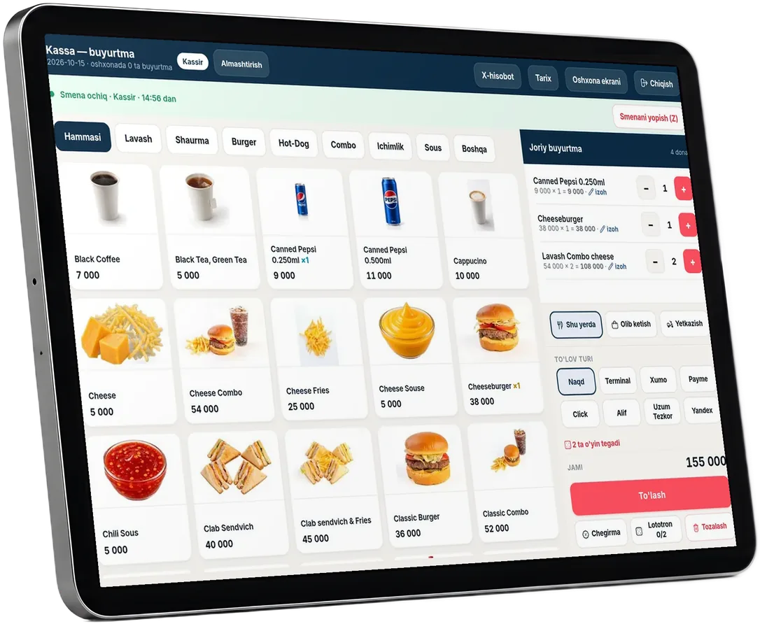 POS: menu, cart and payment methods